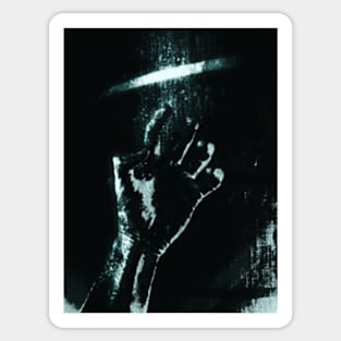 Digital collage and special processing. Person looking on his hand. Bizarre, dark. Grayscale and aquamarine. High contrast. Sticker